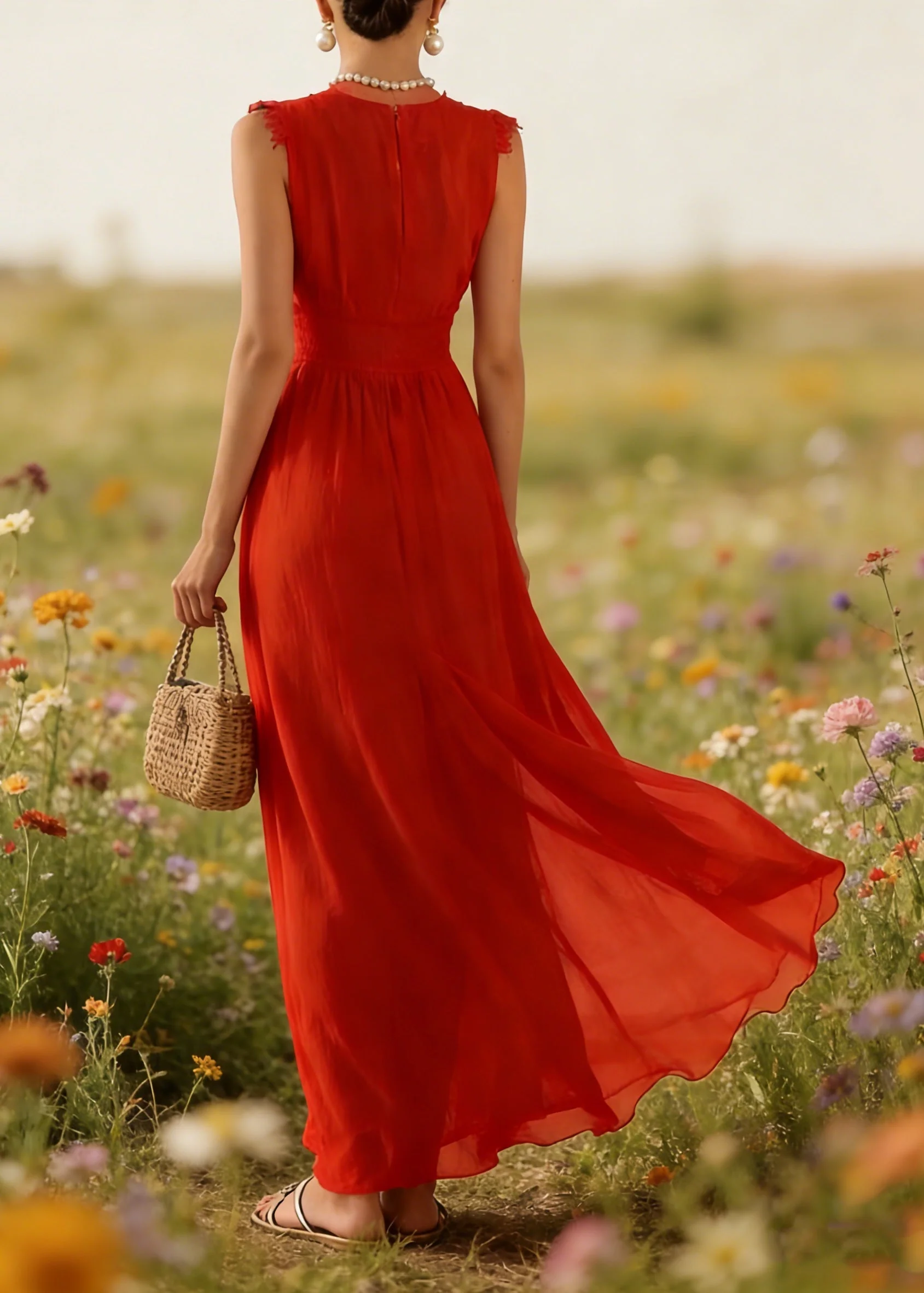 French Red V Neck Lace Patchwork Cotton Maxi Dress Summer - Image 2