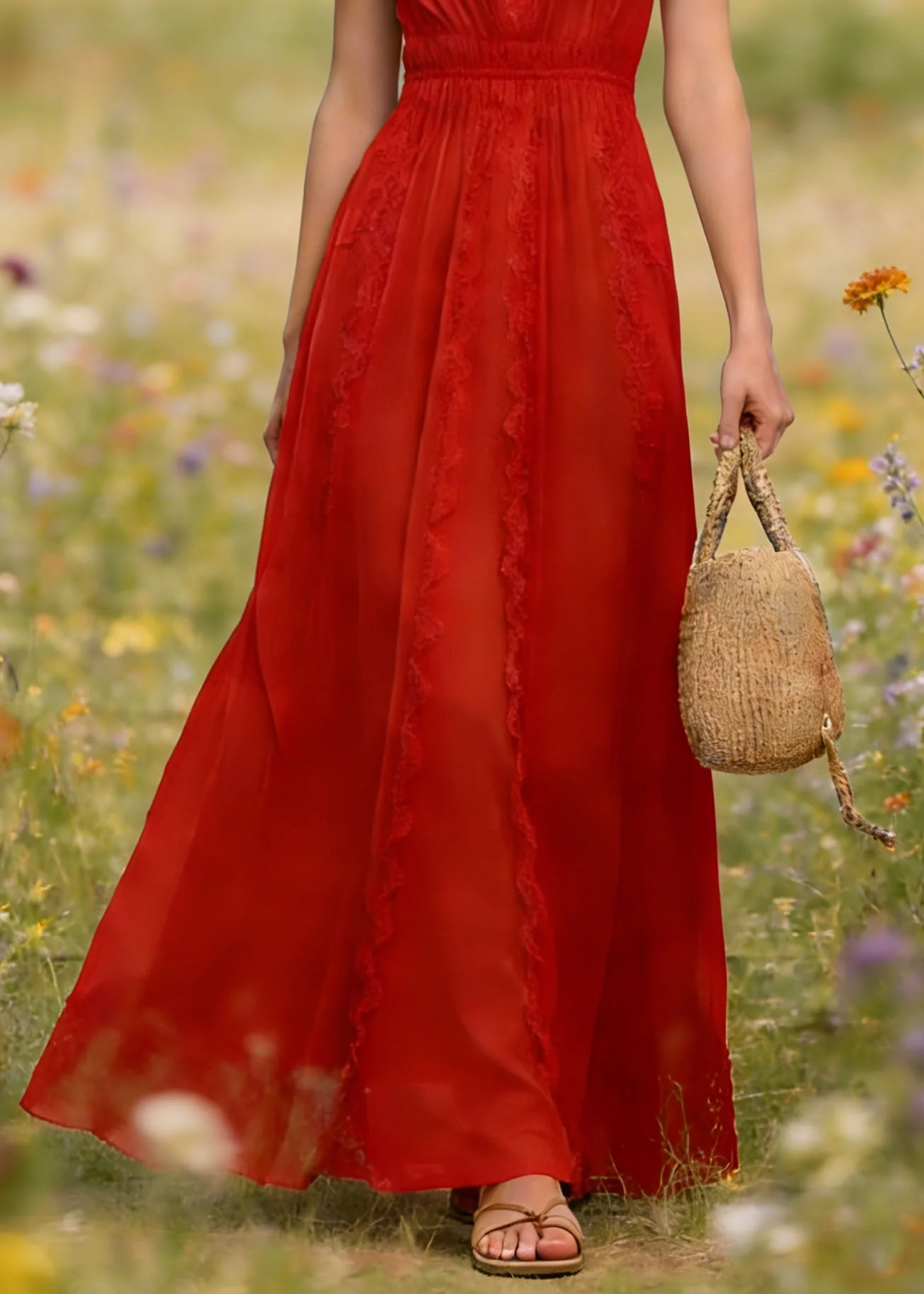 French Red V Neck Lace Patchwork Cotton Maxi Dress Summer - Image 4