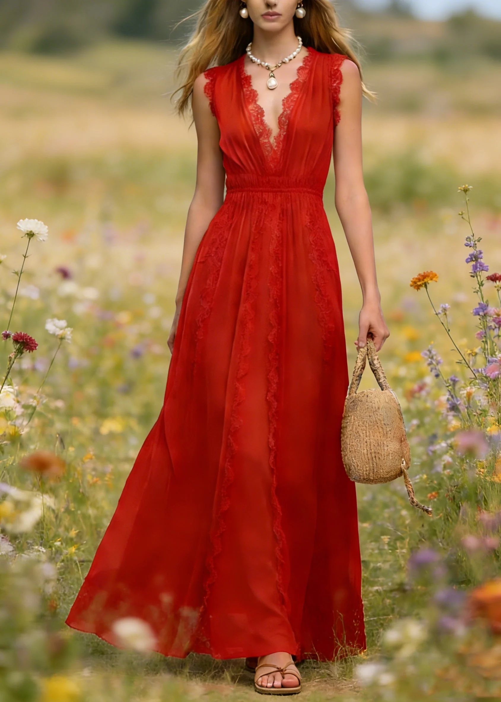 French Red V Neck Lace Patchwork Cotton Maxi Dress Summer - Image 5