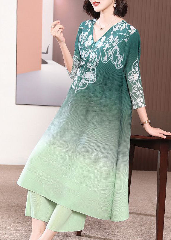French Red V Neck Print Gradient Color A Line Dress Two Pieces Set Summer - Image 2