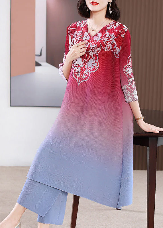 French Red V Neck Print Gradient Color A Line Dress Two Pieces Set Summer - Image 3