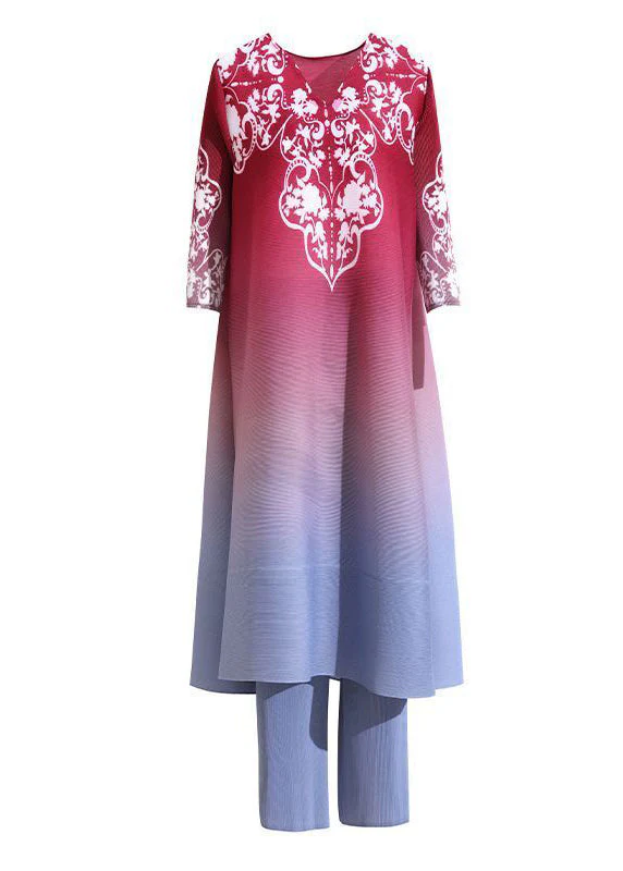 French Red V Neck Print Gradient Color A Line Dress Two Pieces Set Summer - Image 5