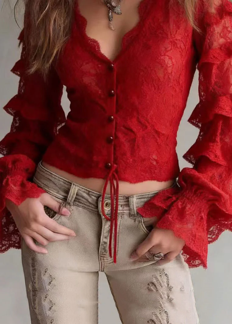 French Red V Neck Ruffled Patchwork Lace Top Spring - Image 4