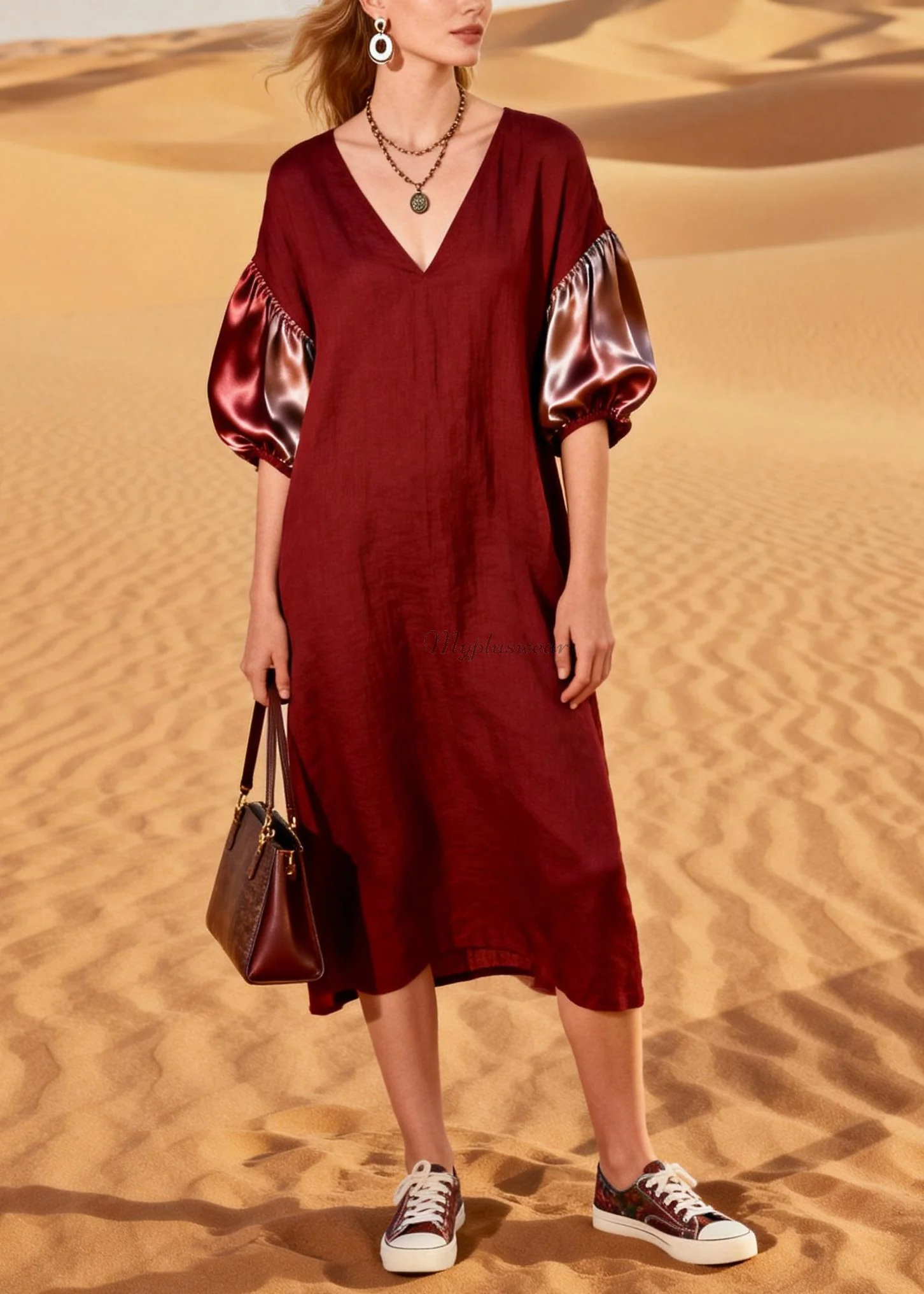 French Red V Neck Silk Patchwork Linen Dresses Summer - Image 3