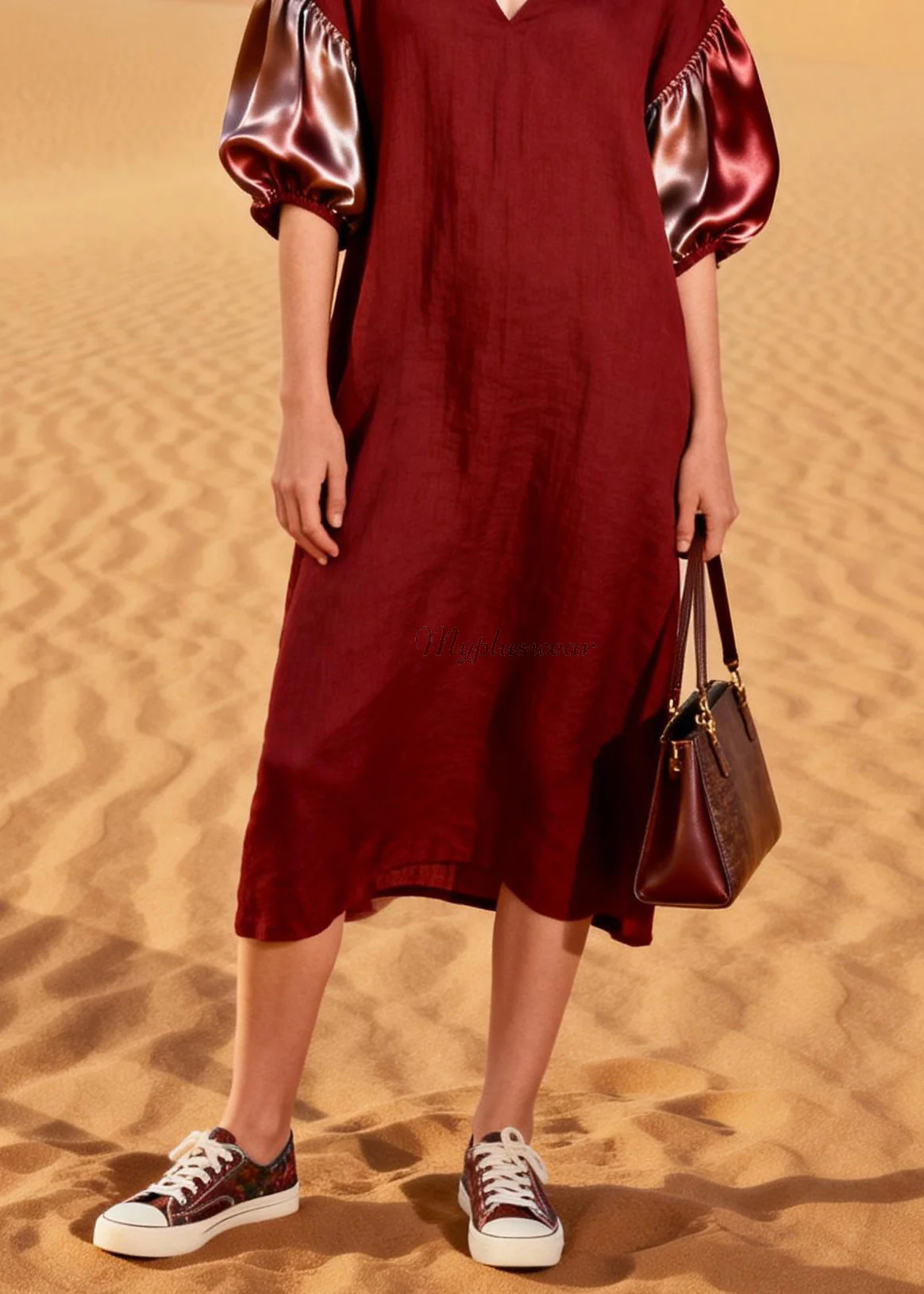 French Red V Neck Silk Patchwork Linen Dresses Summer - Image 4