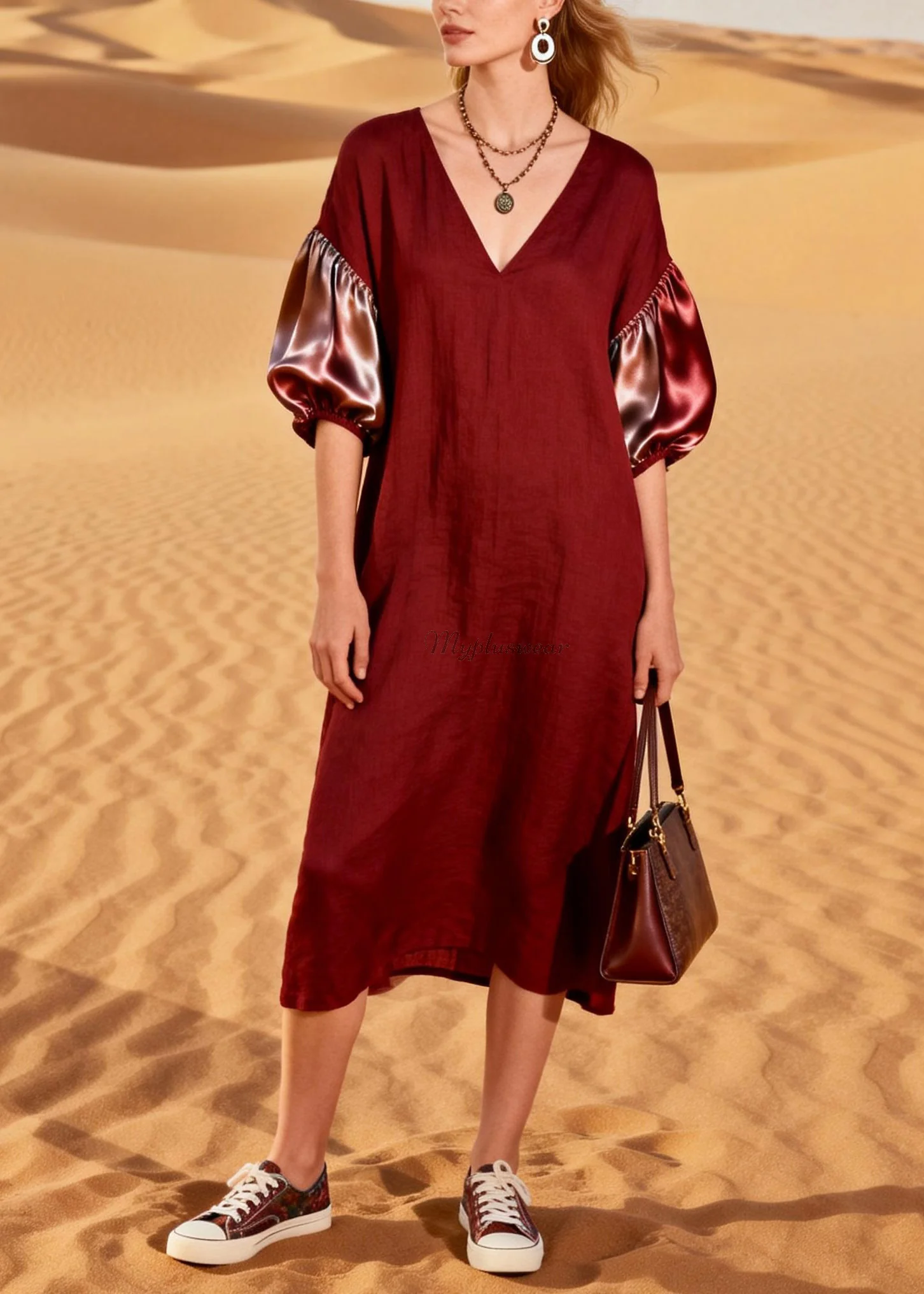 French Red V Neck Silk Patchwork Linen Dresses Summer - Image 5