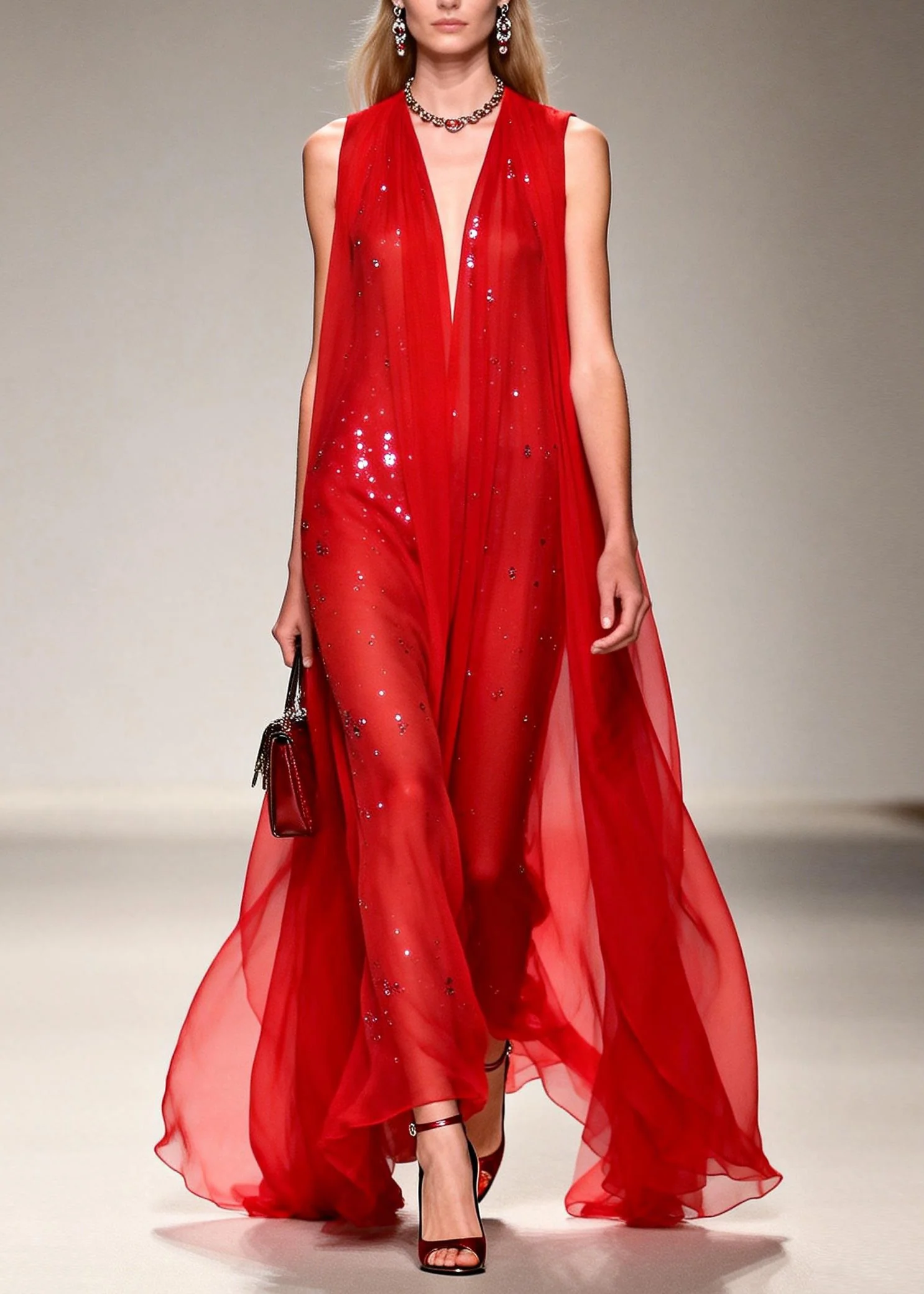 French Red V Neck Zircon Patchwork Chiffon Ankle Dress Sleeveless - Image 3