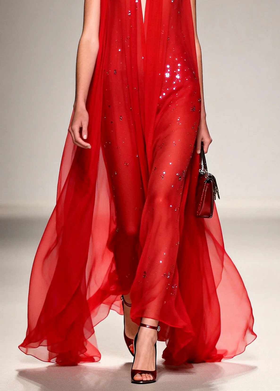 French Red V Neck Zircon Patchwork Chiffon Ankle Dress Sleeveless - Image 4