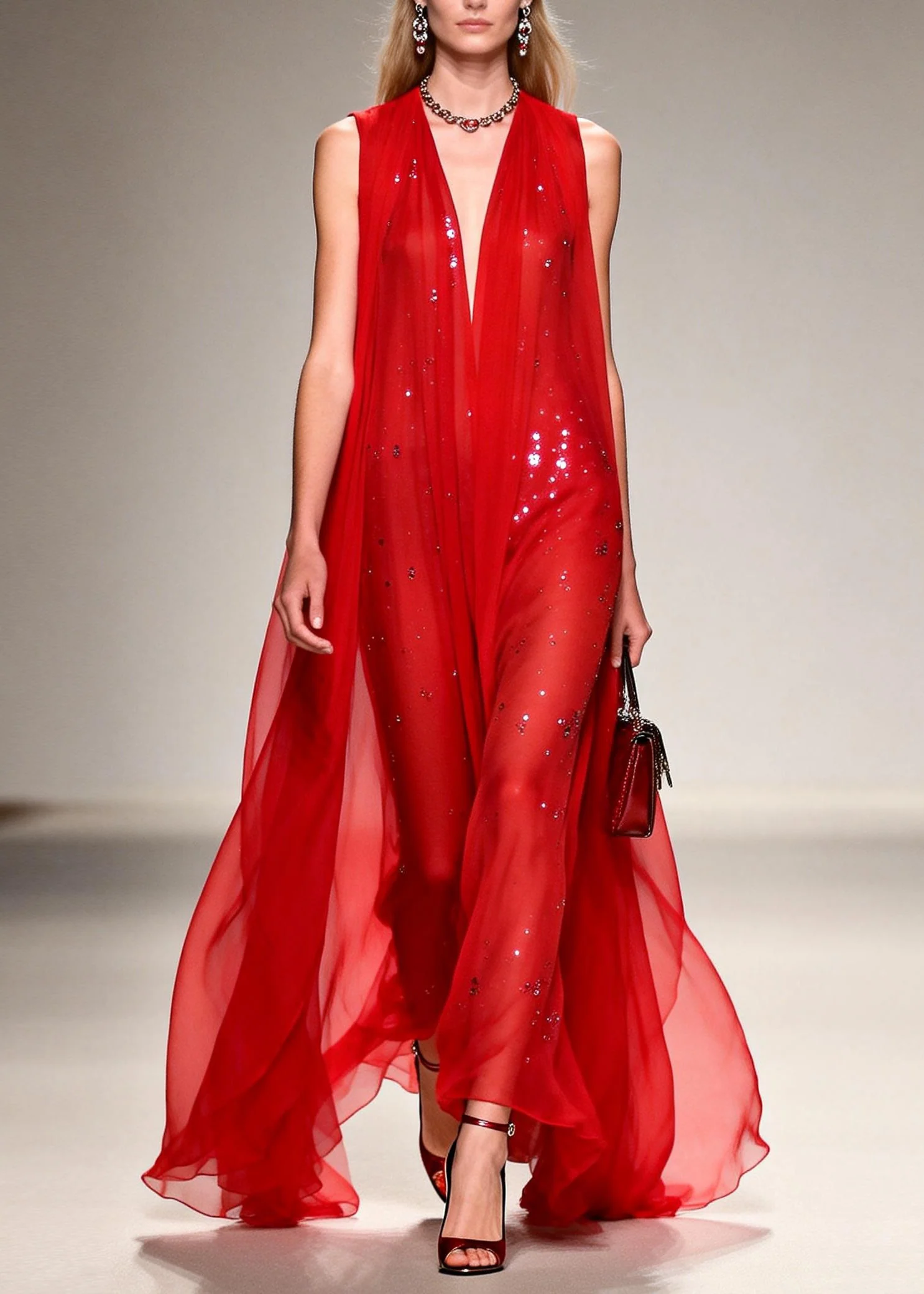 French Red V Neck Zircon Patchwork Chiffon Ankle Dress Sleeveless - Image 5