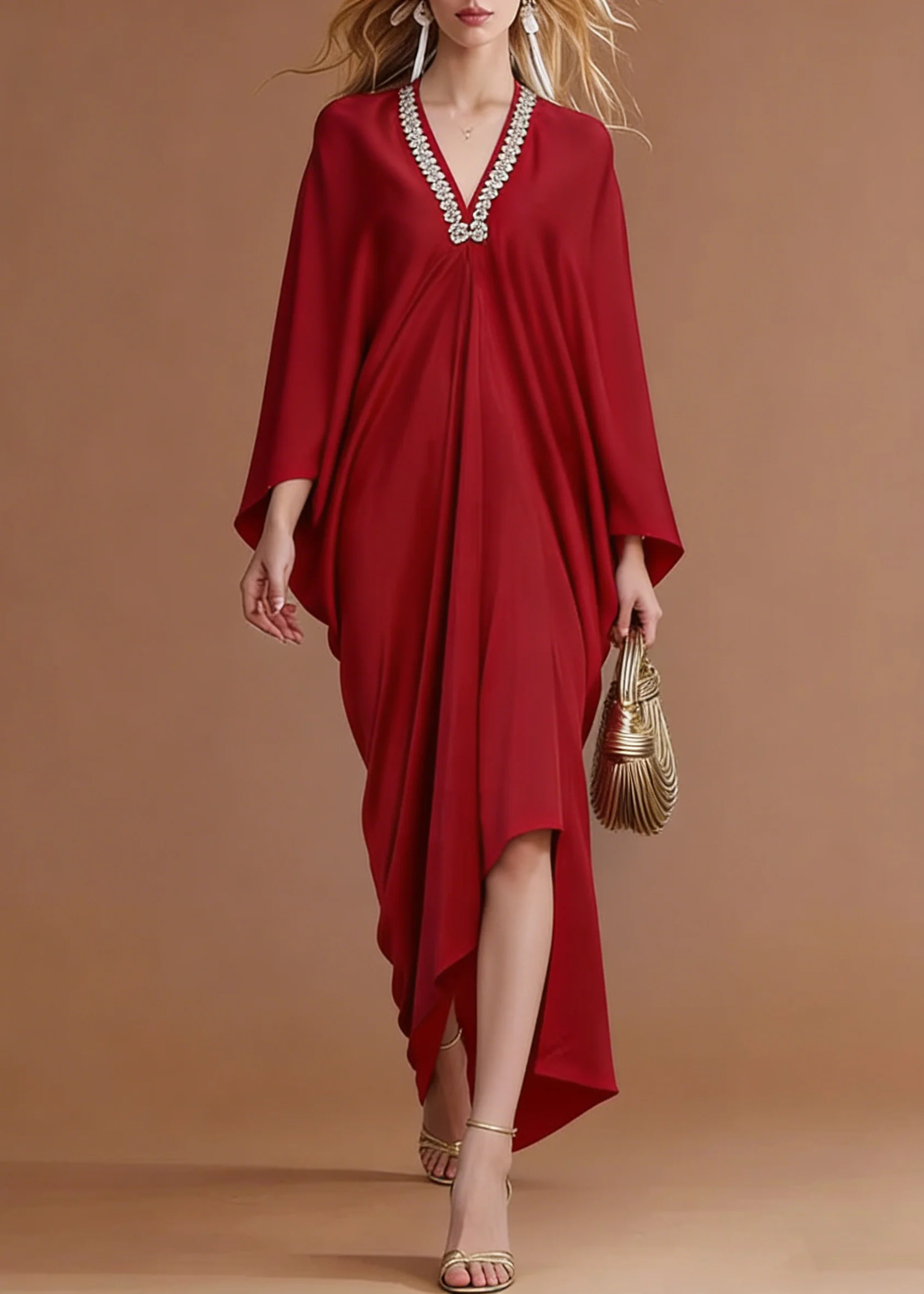 French Red V Neck Zircon Silk Party Dresses Batwing Sleeve - Image 5