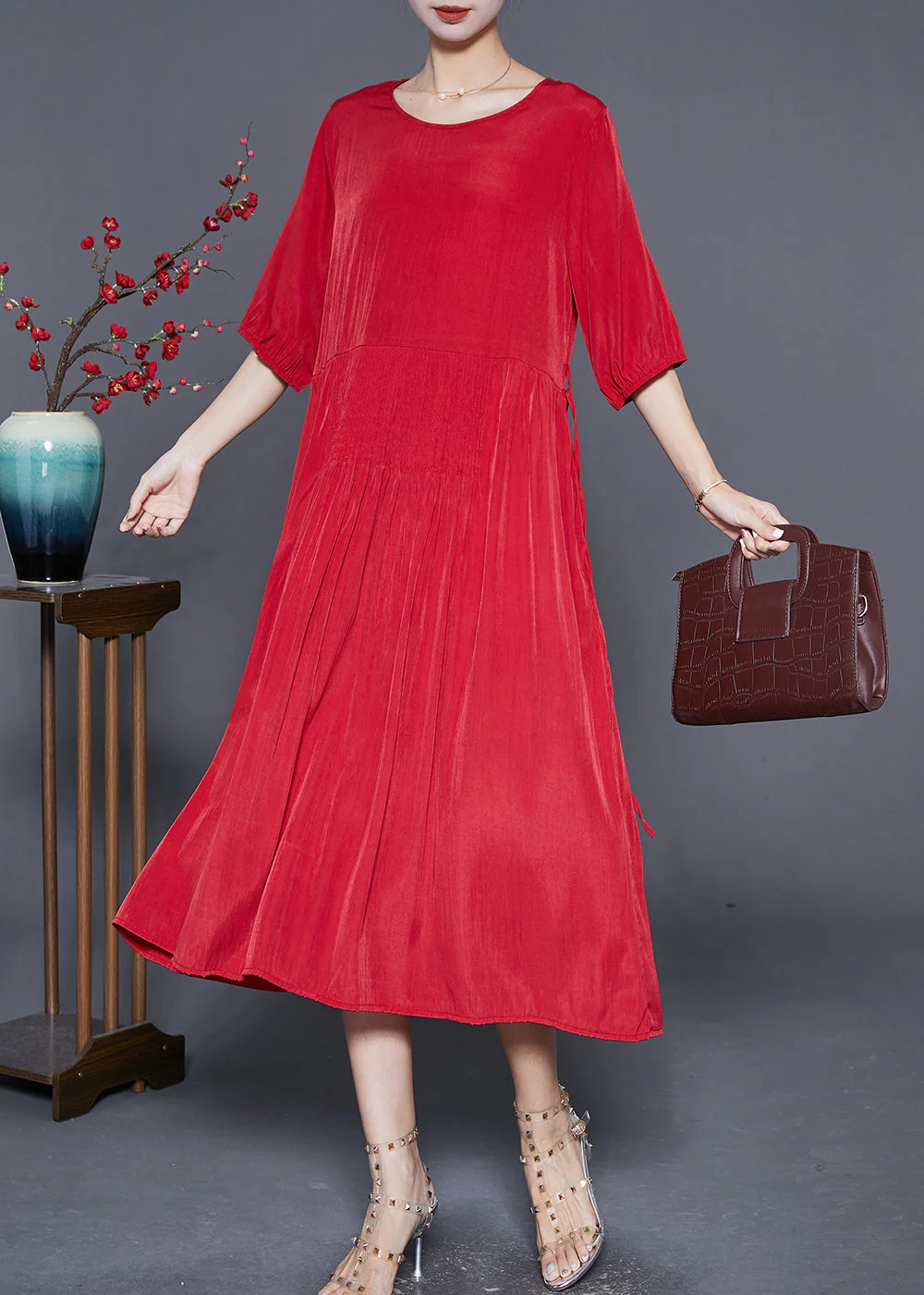 French Red Wrinkled Tie Waist Linen Long Dresses Summer - Image 3