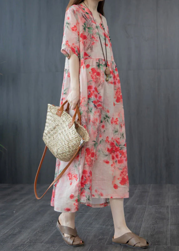 French Red Wrinkled V Neck Floral Linen Long Dress Short Sleeve - Image 2