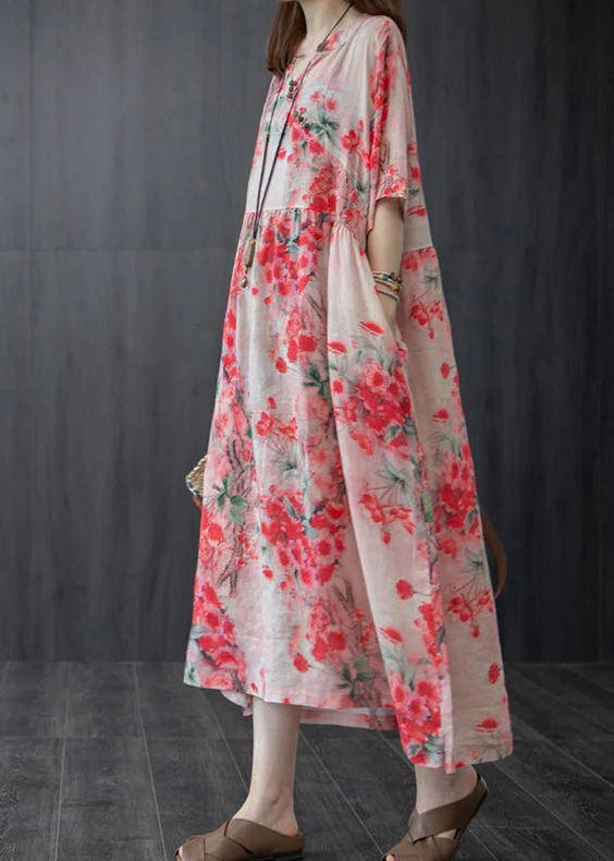 French Red Wrinkled V Neck Floral Linen Long Dress Short Sleeve - Image 3