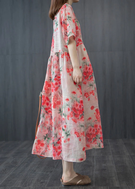 French Red Wrinkled V Neck Floral Linen Long Dress Short Sleeve - Image 4