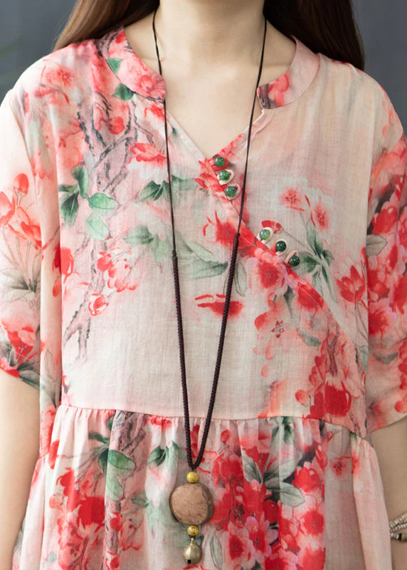 French Red Wrinkled V Neck Floral Linen Long Dress Short Sleeve - Image 5