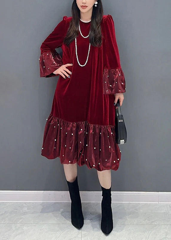 French Red Wrinkled Zircon Patchwork Silk Velvet Dress Spring - Image 2