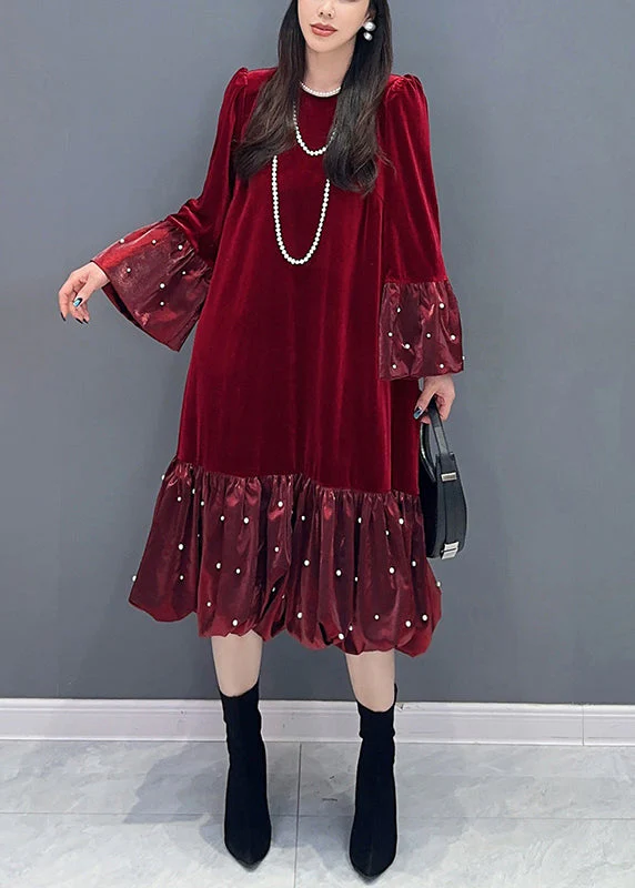French Red Wrinkled Zircon Patchwork Silk Velvet Dress Spring - Image 3