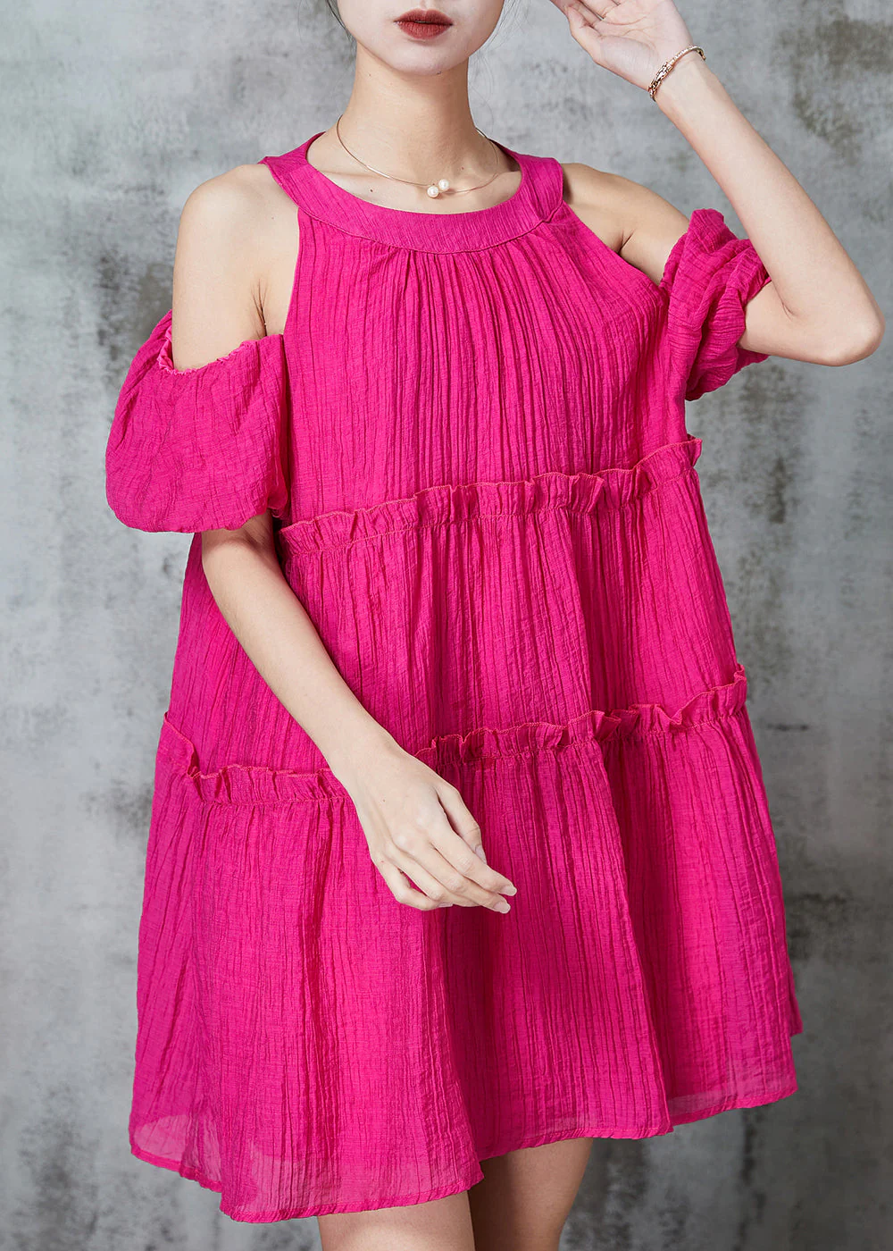 French Rose Cold Shoulder Ruffled Mini Dress Summer - Image 2