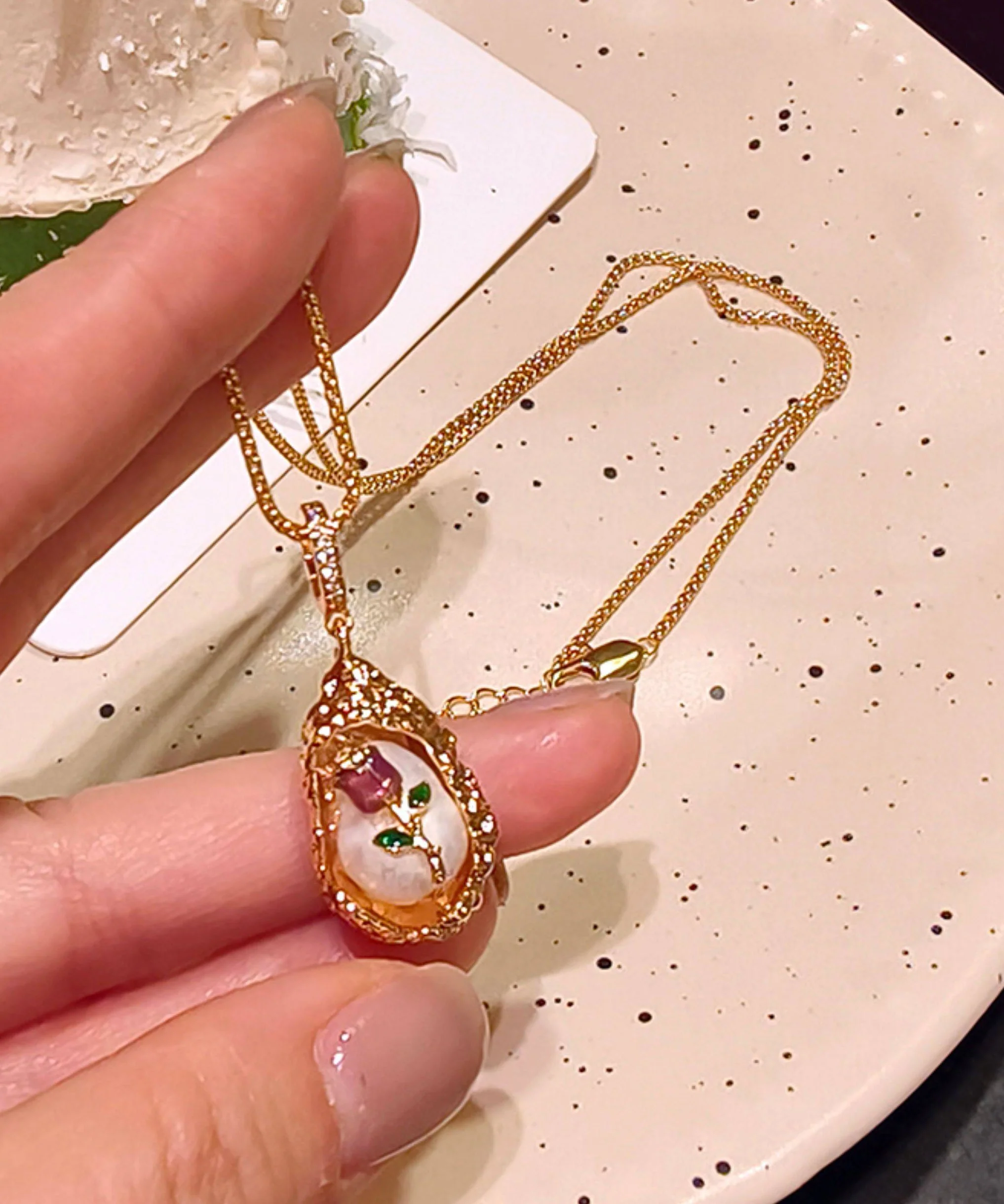 French Rose Gold Copper Overgild Rose Pearl Beading Pendant Necklace - Image 3
