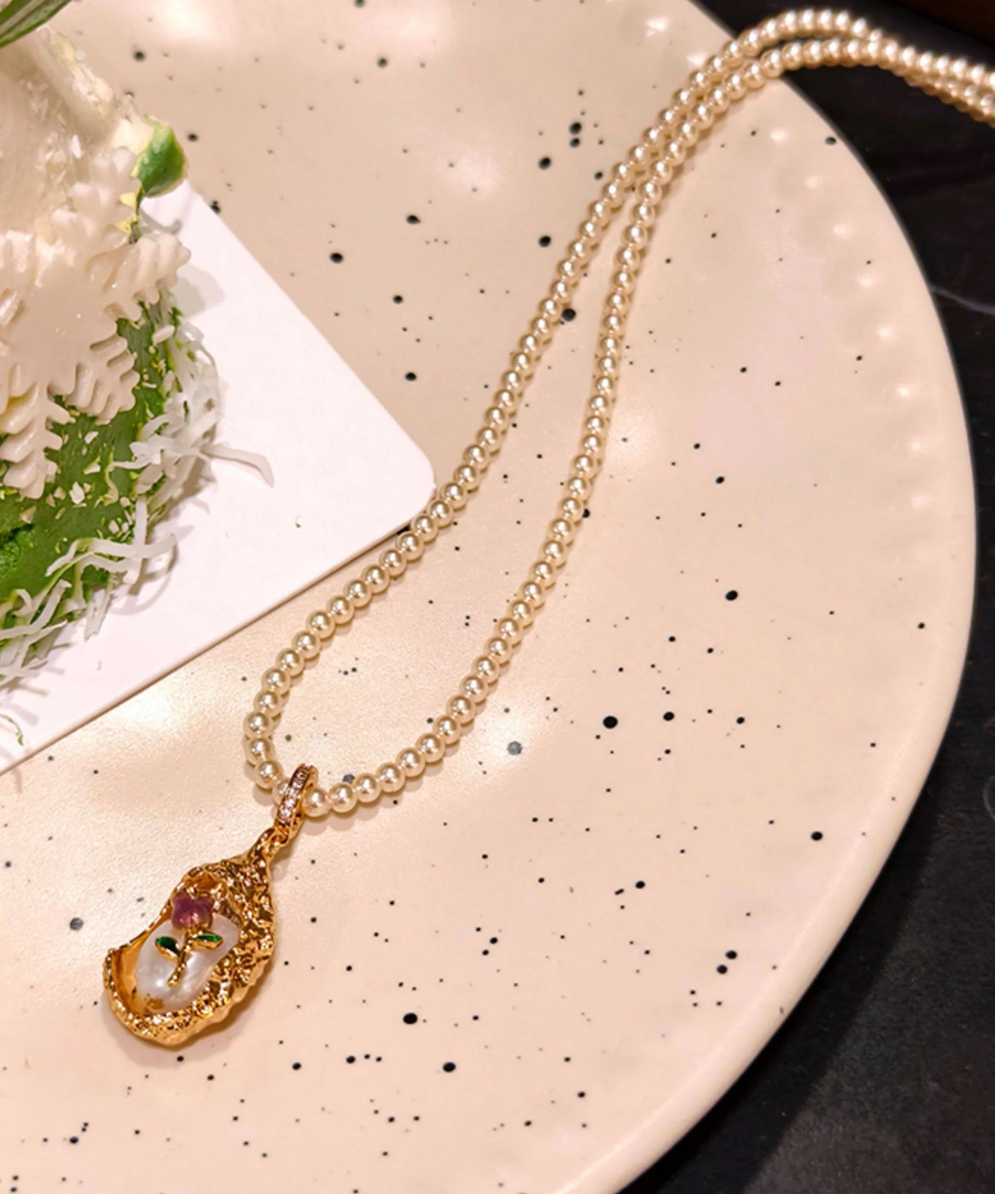 French Rose Gold Copper Overgild Rose Pearl Beading Pendant Necklace - Image 4