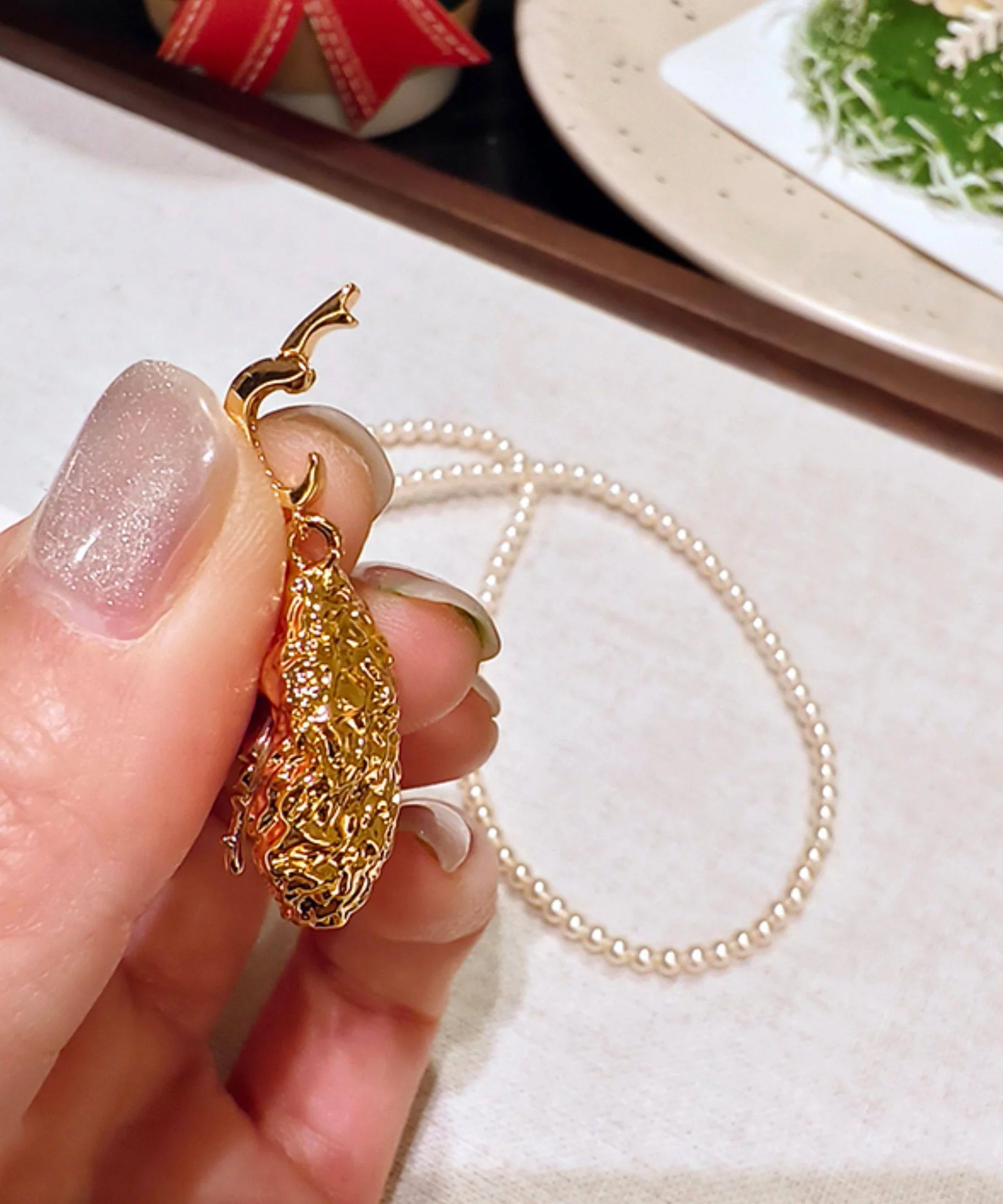 French Rose Gold Copper Overgild Rose Pearl Beading Pendant Necklace - Image 5