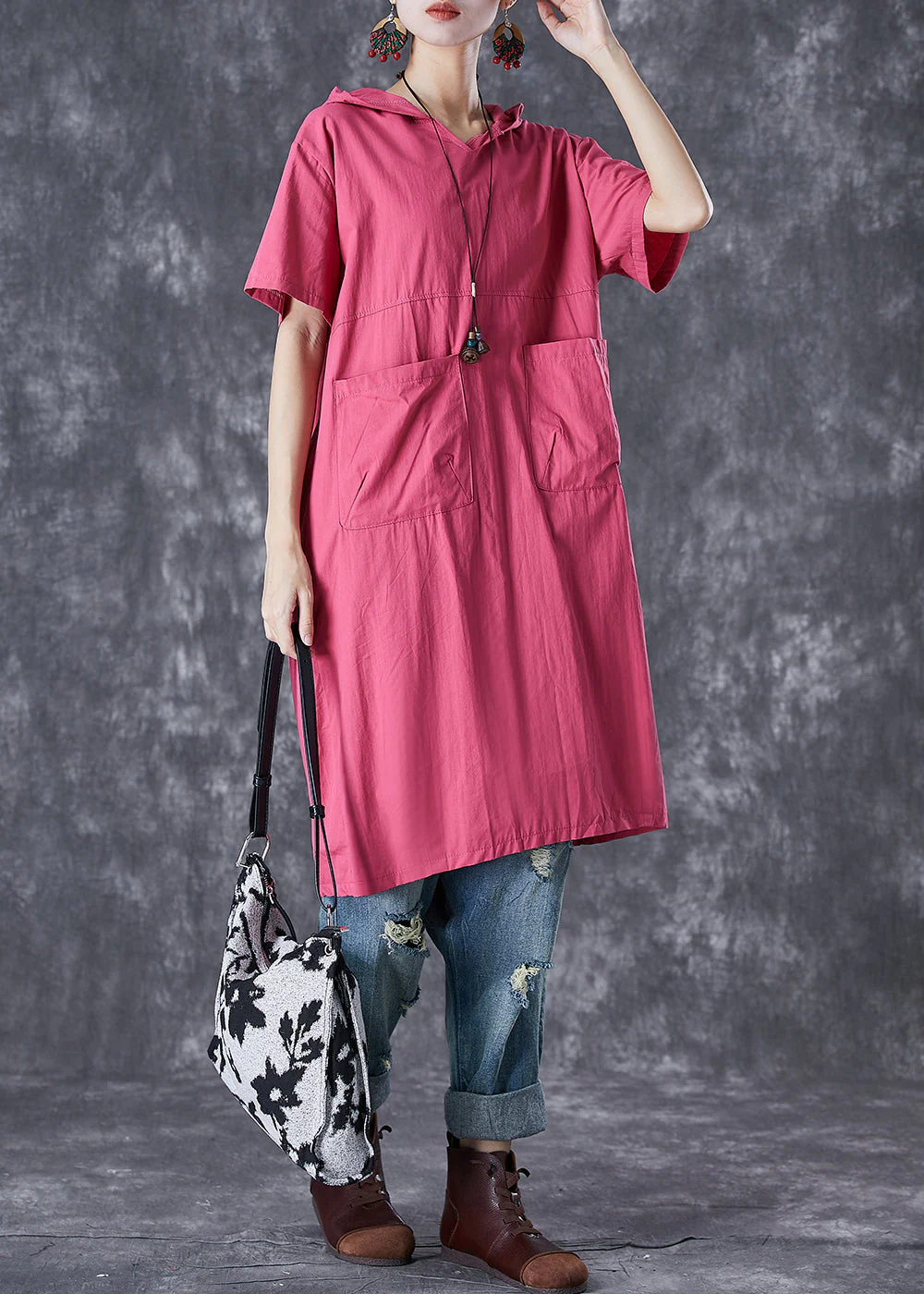 French Rose Hooded Pockets Cotton Sweatshirts Dress Summer - Image 2