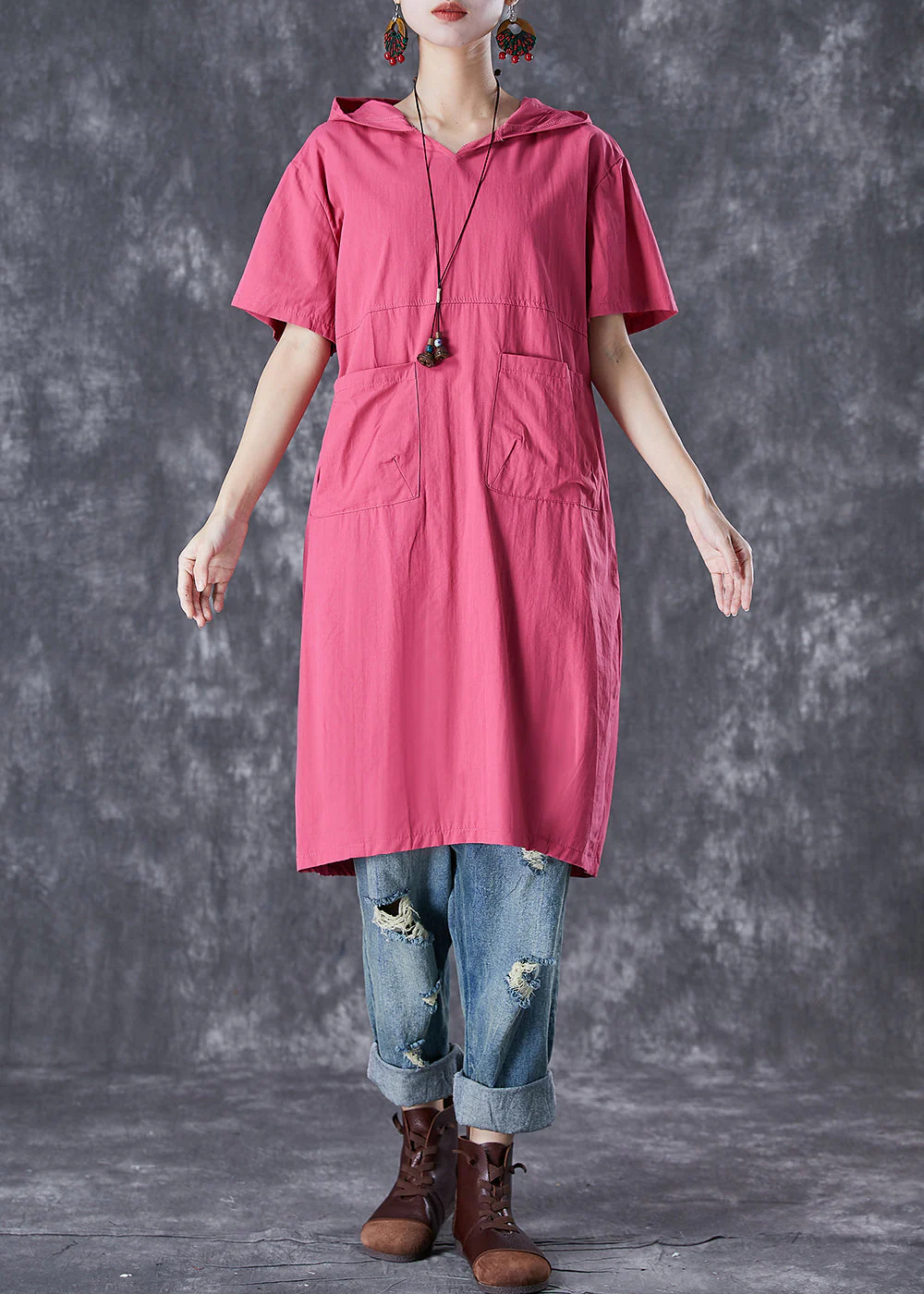 French Rose Hooded Pockets Cotton Sweatshirts Dress Summer - Image 3