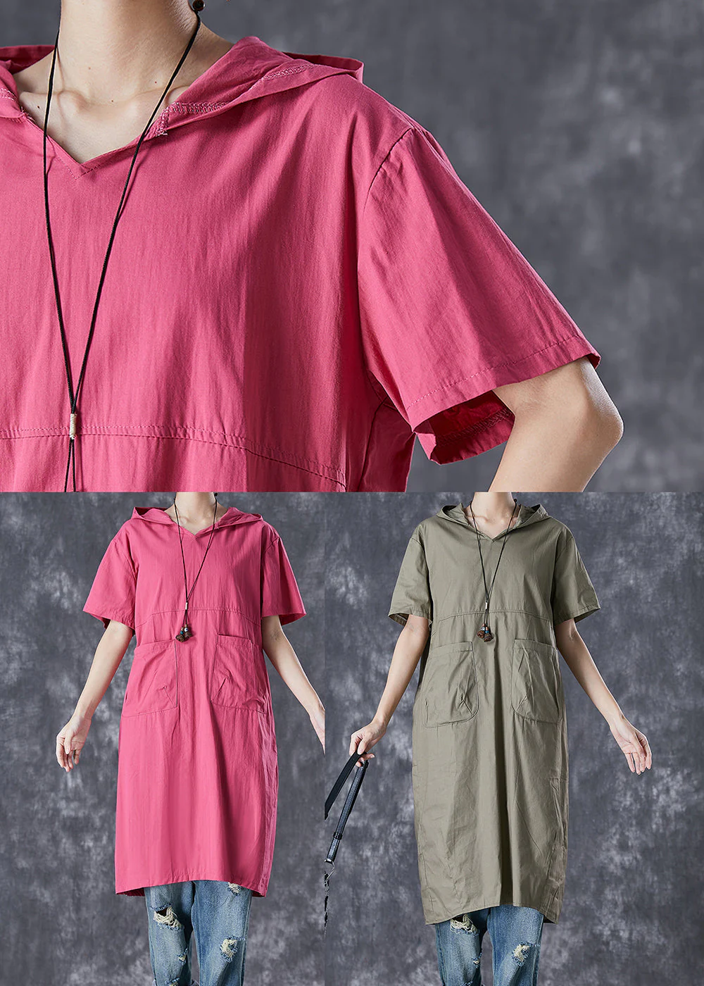 French Rose Hooded Pockets Cotton Sweatshirts Dress Summer - Image 5