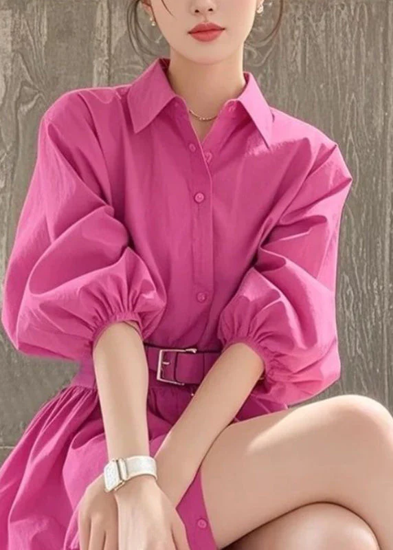 French Rose Peter Pan Collar Button Sashe Shirt Dress Summer - Image 2