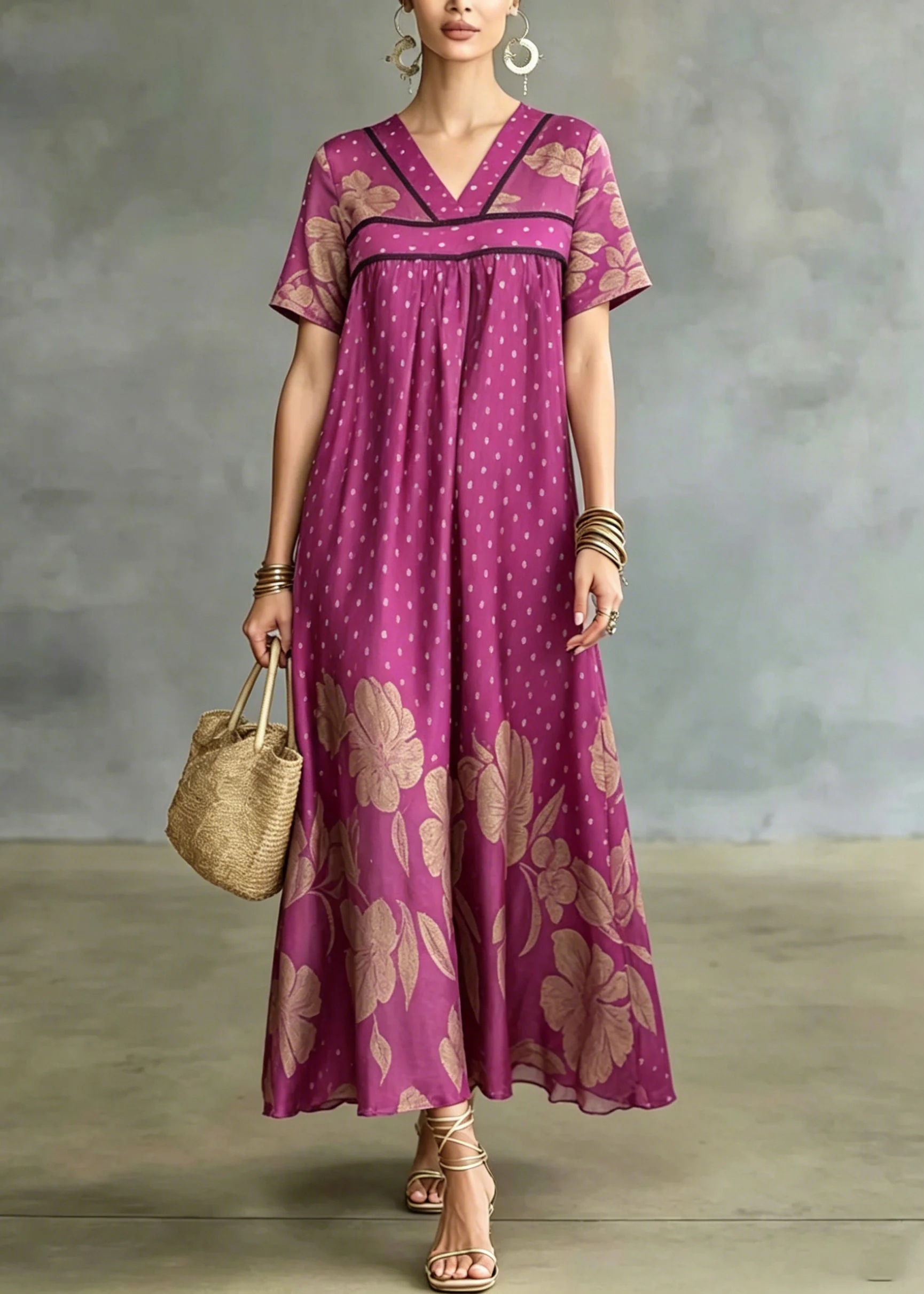 French Rose Print Wrinkled Ice Silk Maxi Dresses Summer - Image 5