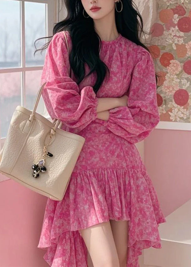 French Rose Ruffled Asymmetrical Design Print Chiffon Dress Fall - Image 3