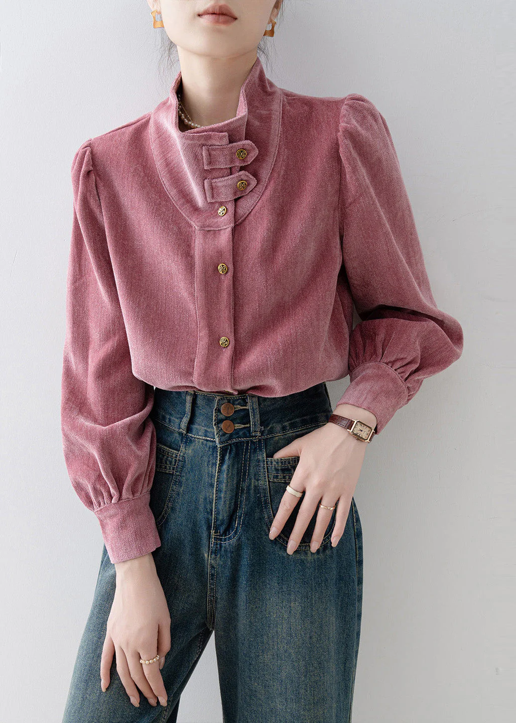 French Rose Stand Collar Button Velour Top Spring - Image 2