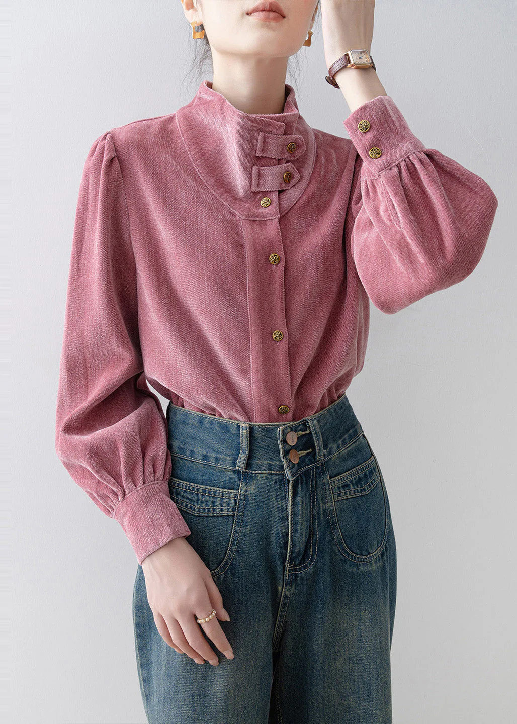 French Rose Stand Collar Button Velour Top Spring - Image 3