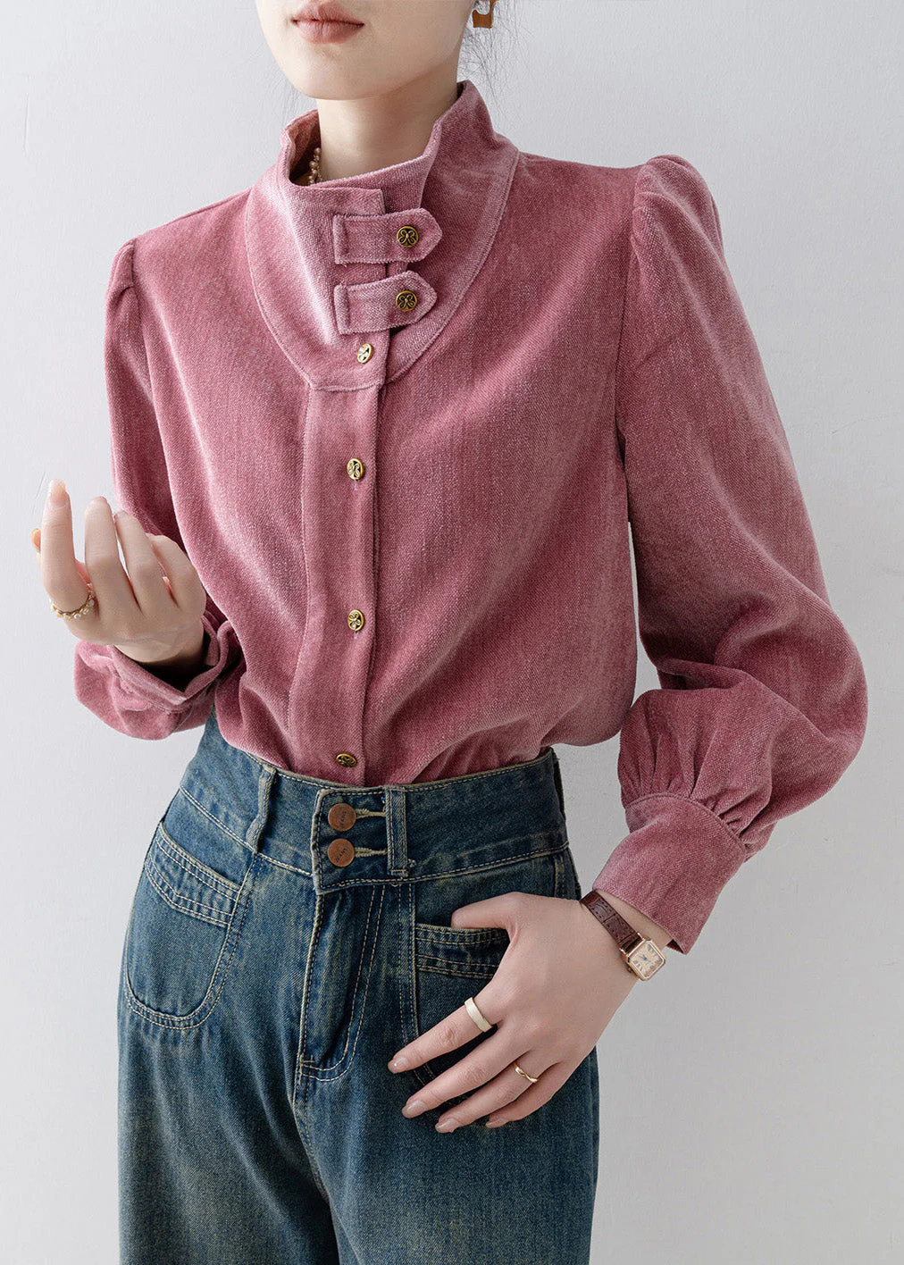 French Rose Stand Collar Button Velour Top Spring - Image 4