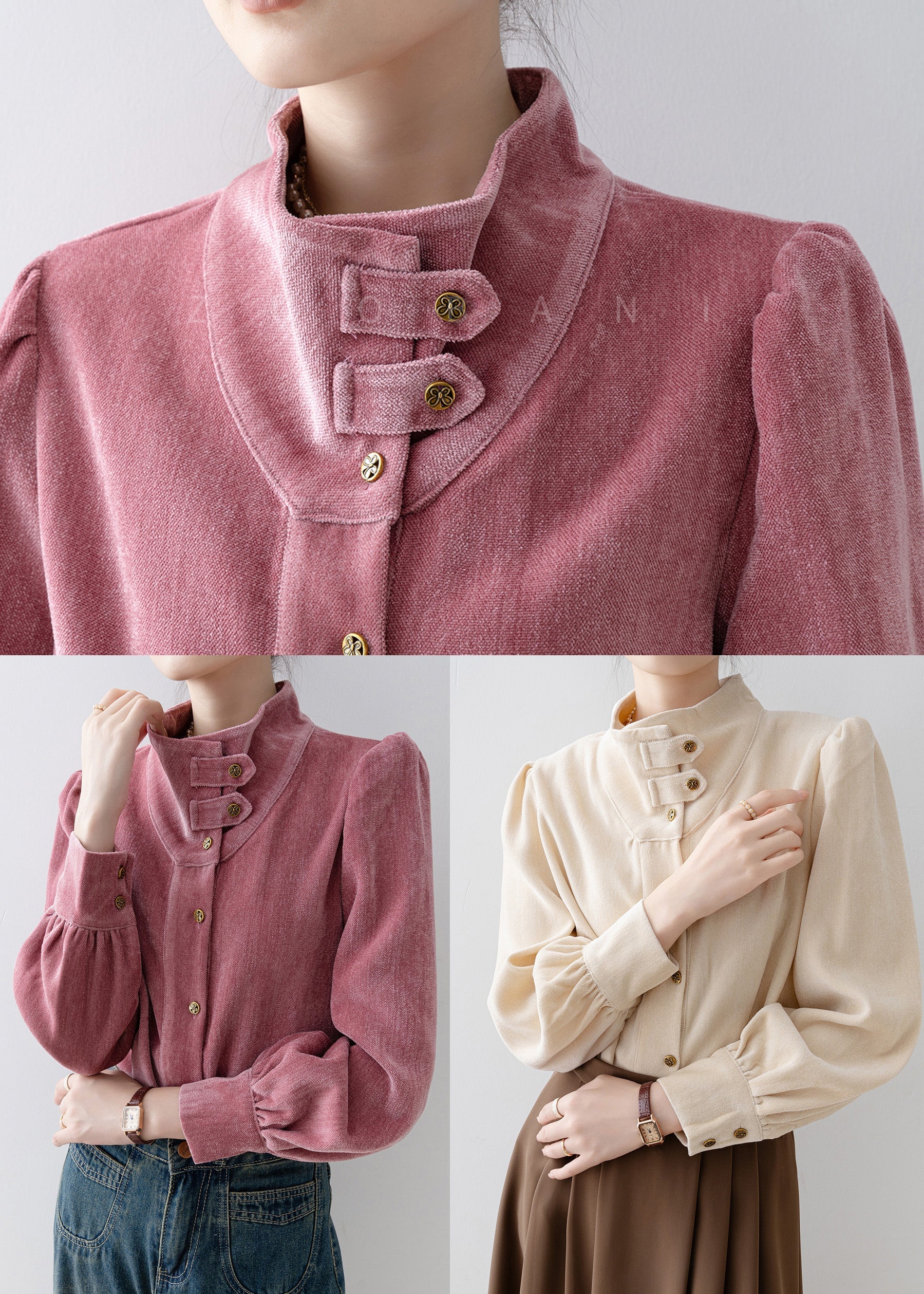 French Rose Stand Collar Button Velour Top Spring - Image 5
