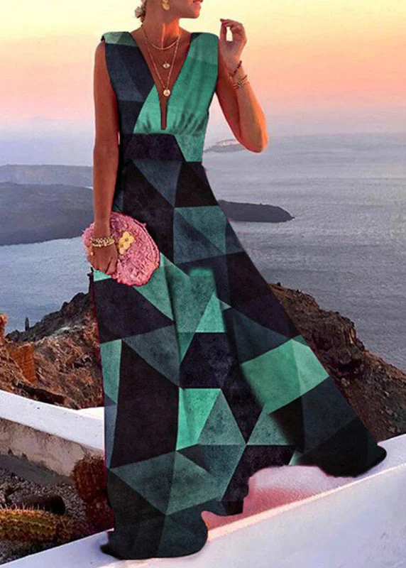 French Rose V Neck Patchwork Chiffon Long Dress Sleeveless - Image 2