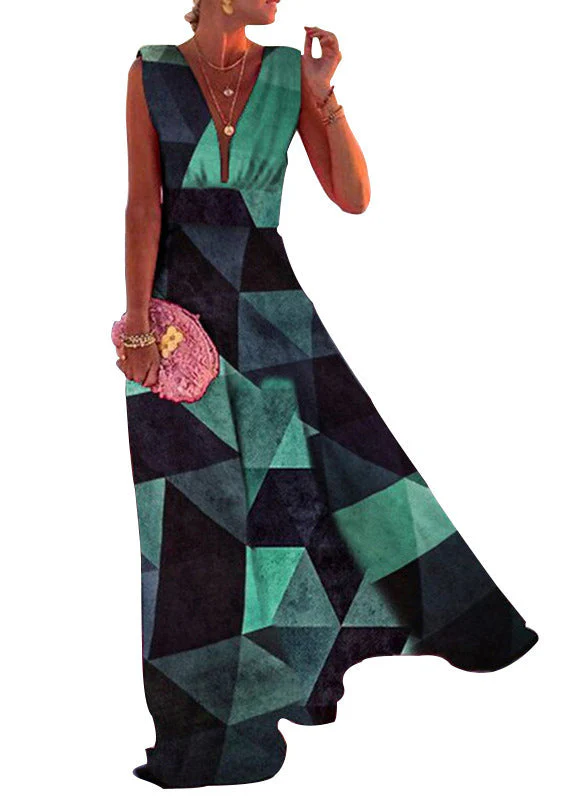 French Rose V Neck Patchwork Chiffon Long Dress Sleeveless - Image 5