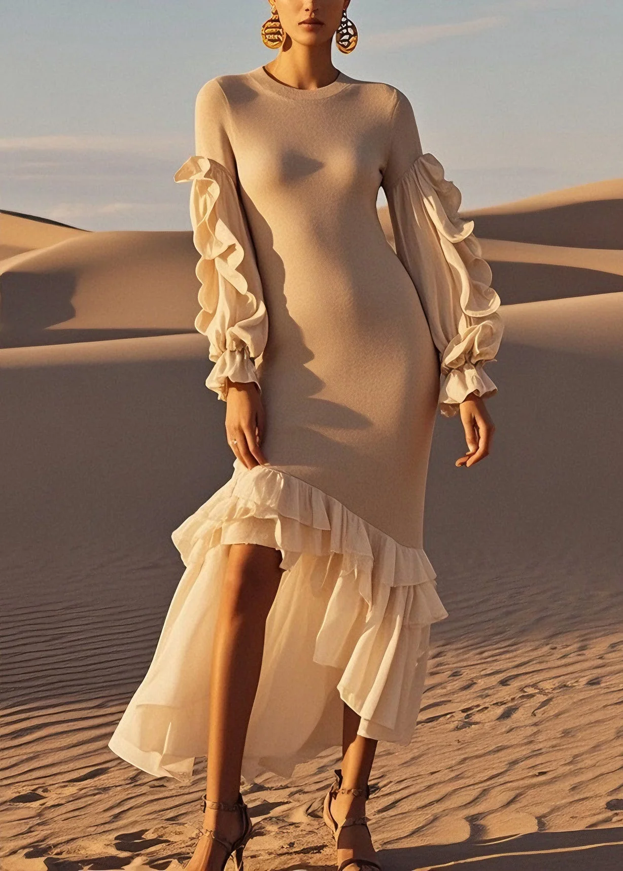 French Ruffled Patchwork Asymmetrical Design Knit Sweater Dress Spring - Image 3