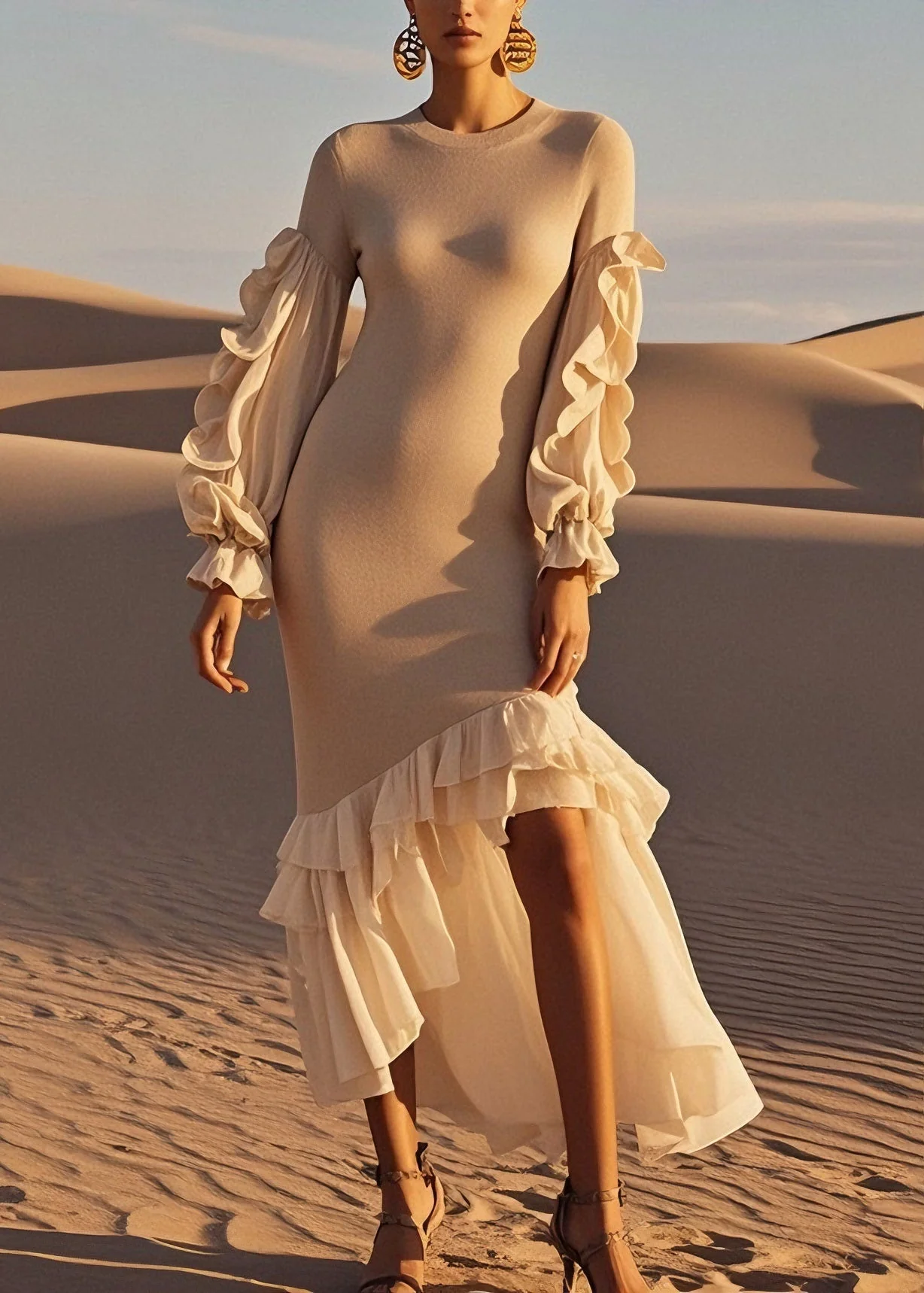 French Ruffled Patchwork Asymmetrical Design Knit Sweater Dress Spring - Image 5