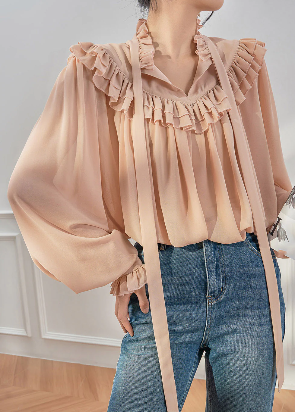 French Ruffled Ribbon Solid Chiffon Shirts Spring - Image 3