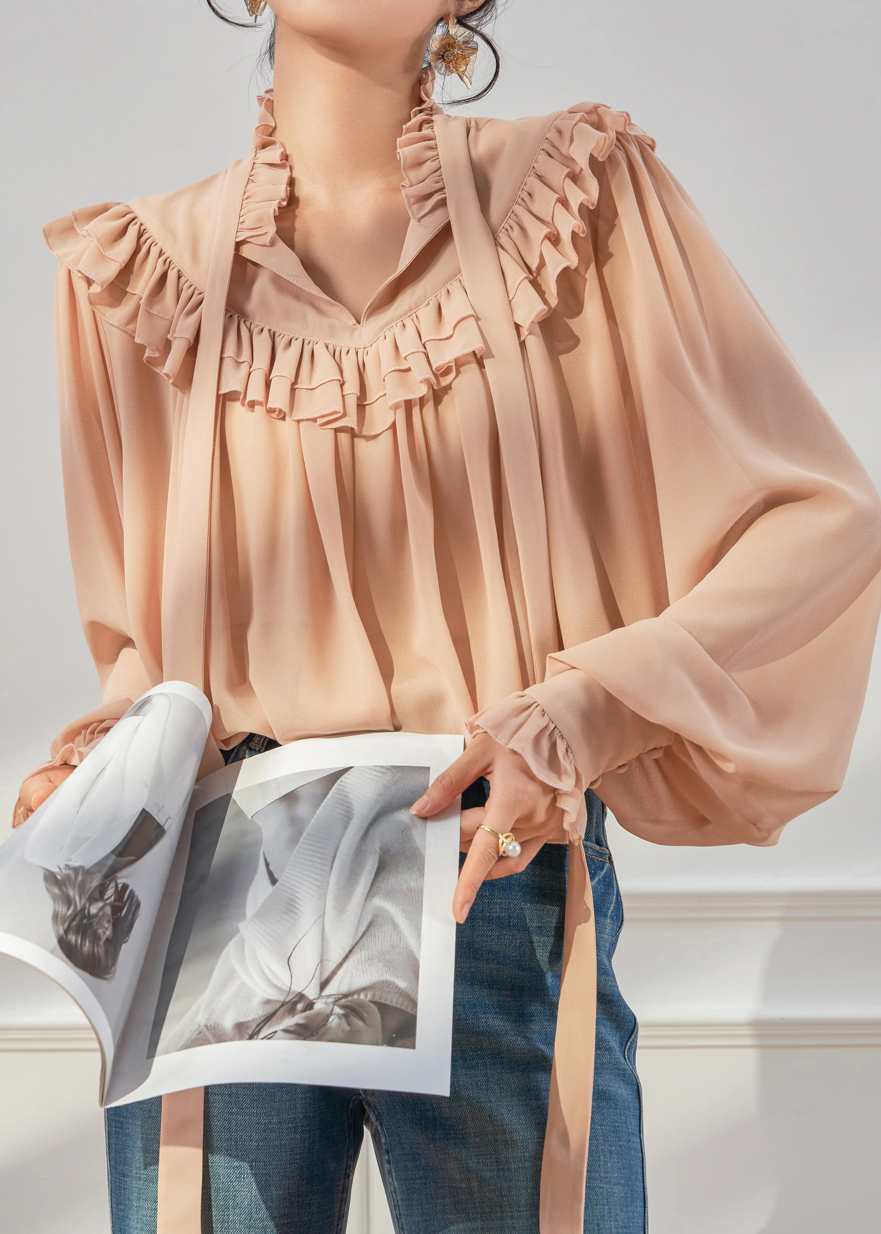 French Ruffled Ribbon Solid Chiffon Shirts Spring - Image 4