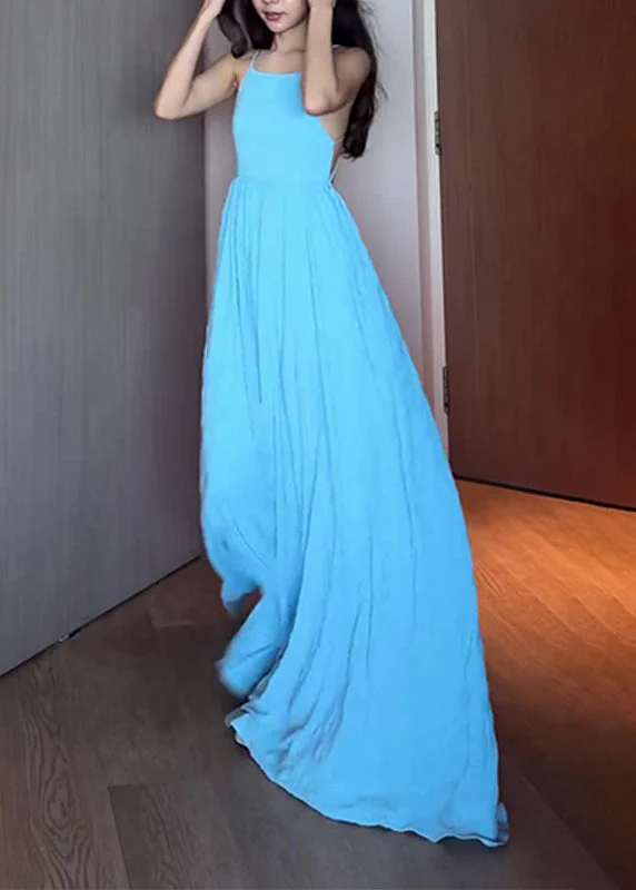 French Sexy Blue Lace Up Spaghetti Strap Dress Sleeveless - Image 3