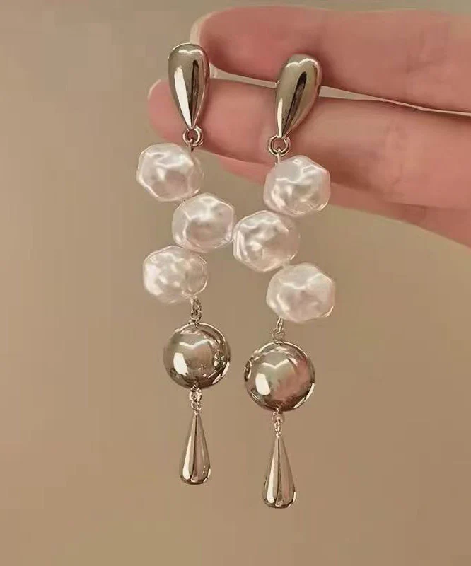 French Silk Alloy Asymmetrica Pearl Water Droplet Drop Earrings - Image 4
