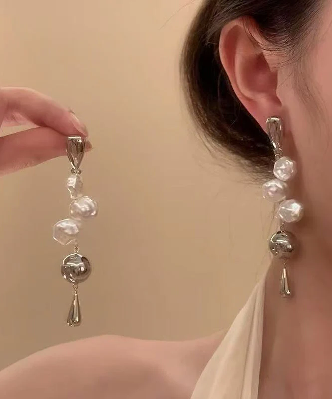 French Silk Alloy Asymmetrica Pearl Water Droplet Drop Earrings - Image 5