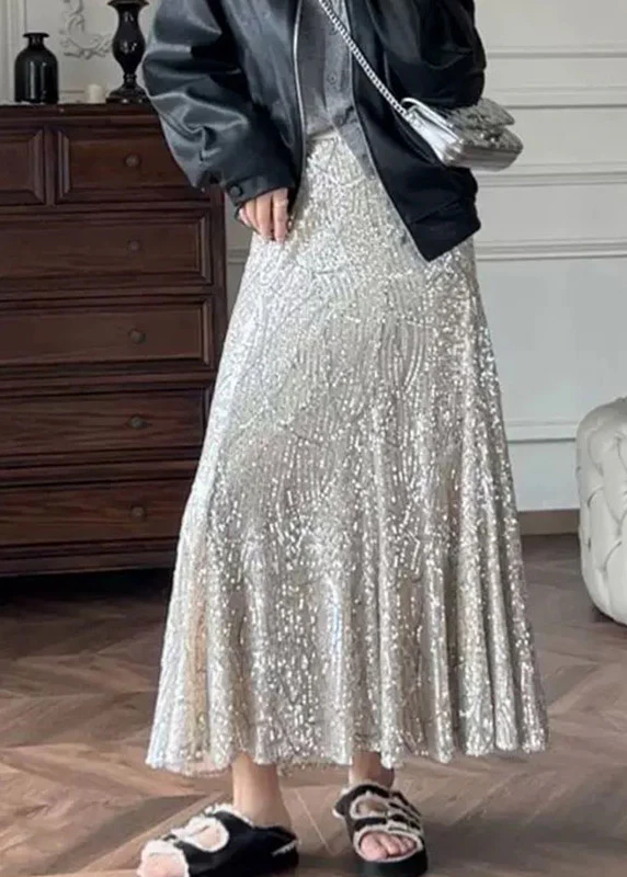 French Silver High Waist Sequins Maxi Skirts Summer - Image 2