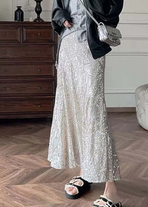 French Silver High Waist Sequins Maxi Skirts Summer - Image 3