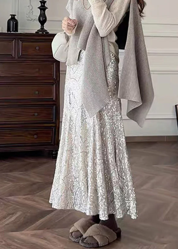 French Silver High Waist Sequins Maxi Skirts Summer - Image 4