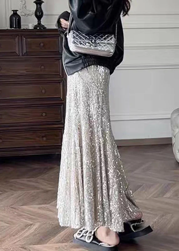French Silver High Waist Sequins Maxi Skirts Summer - Image 5