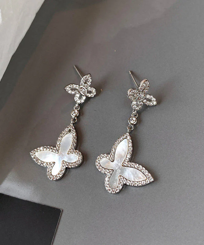 French Silver Zircon White Shell Butterfly Earrings - Image 2