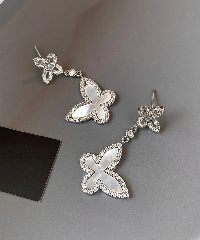 French Silver Zircon White Shell Butterfly Earrings - Image 3